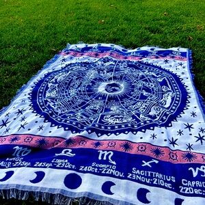 Zodiac Patterned Blue and White Throw Blanket